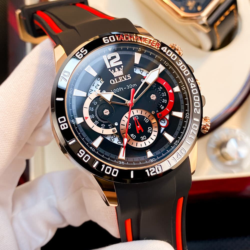 OLEVS 9936 Silicone Strap Racing Chronograph Watch for Men - Black Red Silicone Watch | Olevs Watch Store