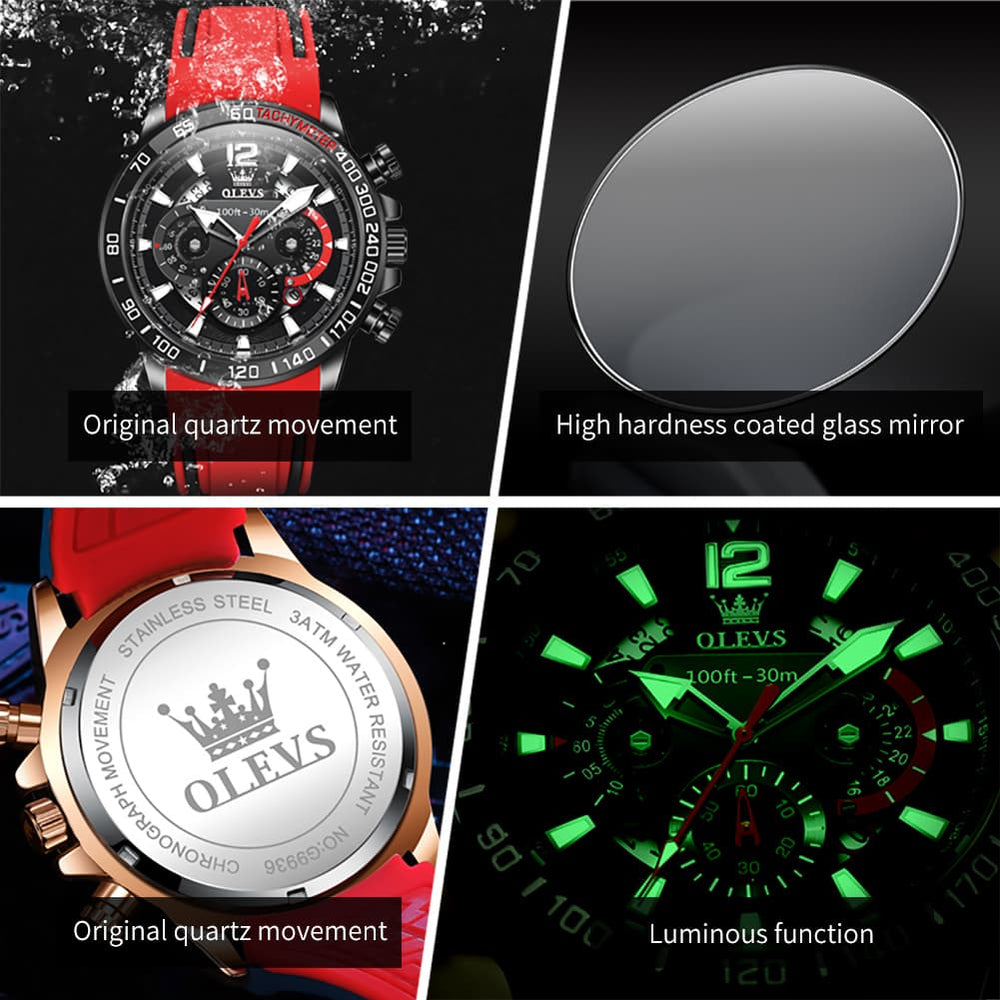 OLEVS 9936 Silicone Strap Racing Chronograph Watch for Men - Black Red Silicone Watch | Olevs Watch Store