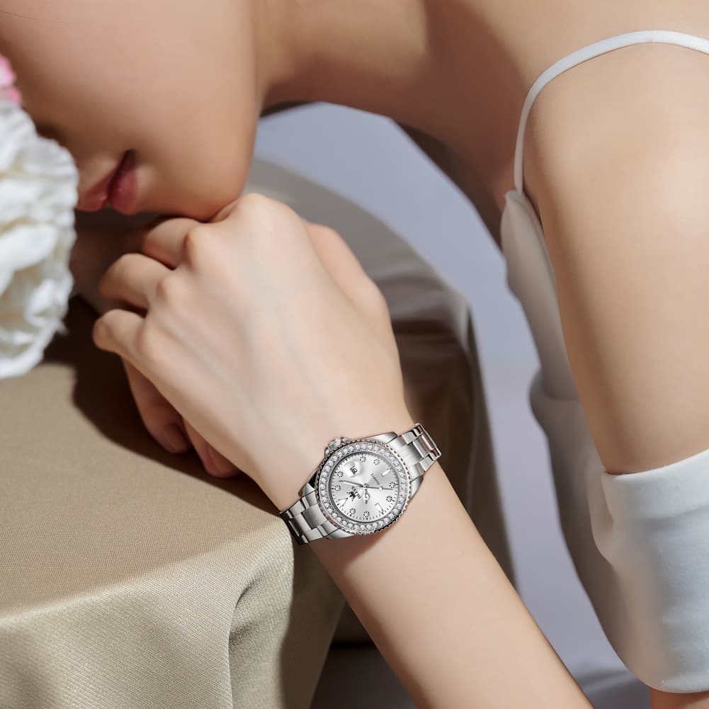 OLEVS 9945 Diamond Bezel Date Display Quartz Watch for Women - All Gold Watch | Olevs Watch Store