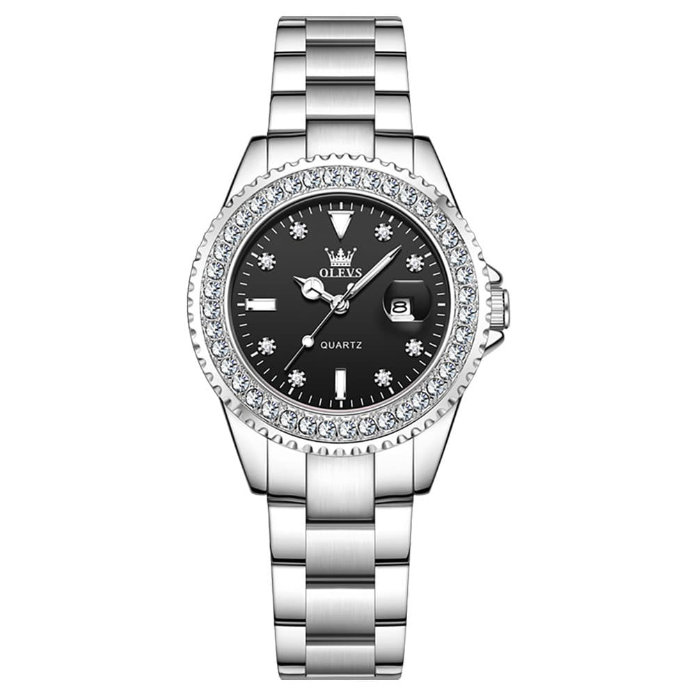 OLEVS 9945 Diamond Bezel Date Display Quartz Watch for Women - Silver Steel Black Dial Watch | Olevs Watch Store