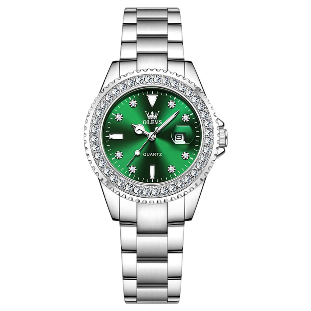 OLEVS 9945 Diamond Bezel Date Display Quartz Watch for Women - Silver Steel Green Dial Watch | Olevs Watch Store