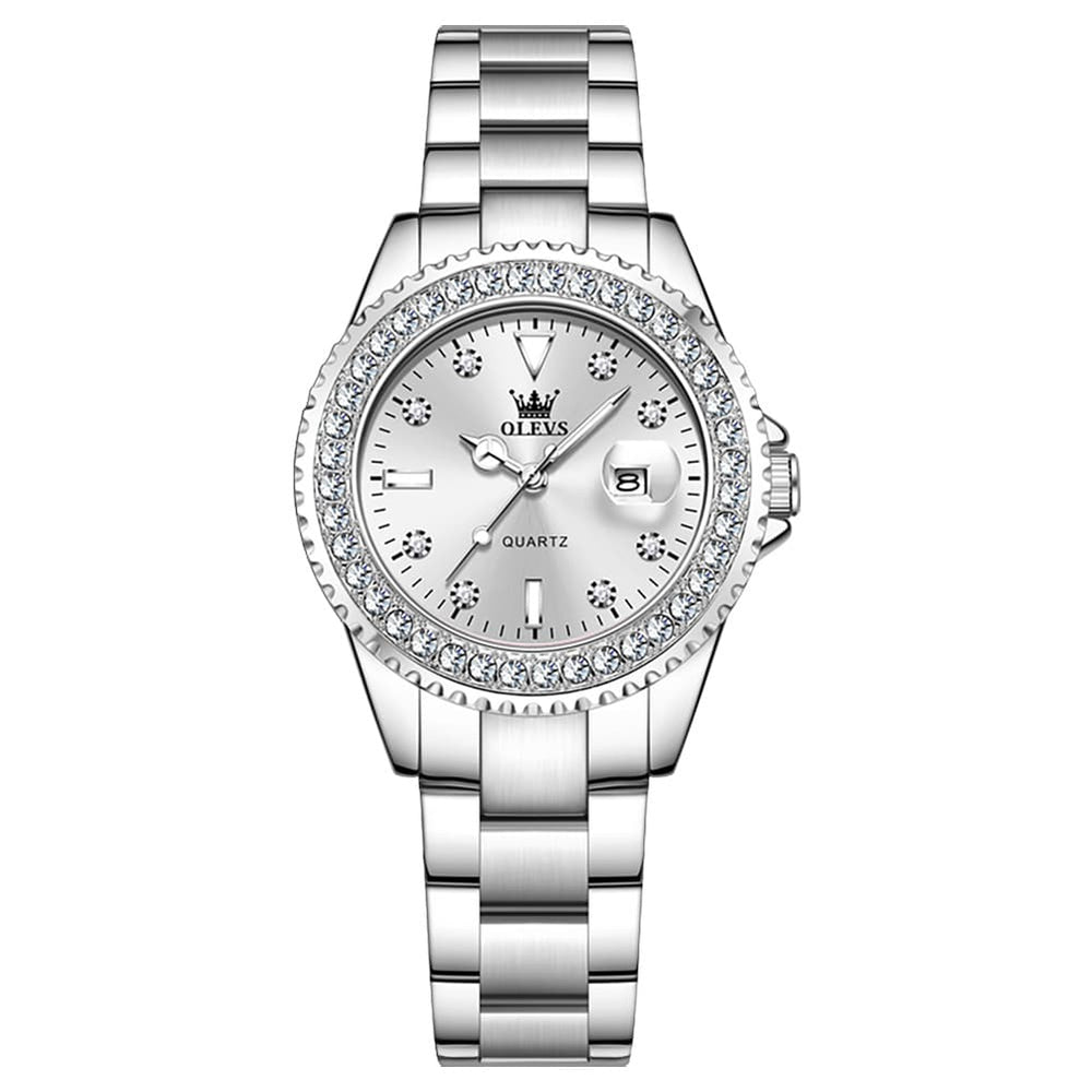 OLEVS 9945 Diamond Bezel Date Display Quartz Watch for Women - Silver Steel White Dial Watch | Olevs Watch Store