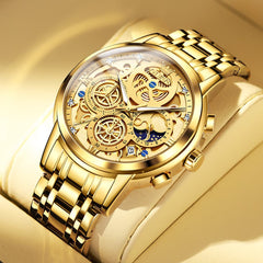 OLEVS 9947 Hollow Skeleton Chronograph Steel Watch for Men - All Gold Dial Watch | Olevs Watch Store