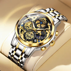 OLEVS 9947 Hollow Skeleton Chronograph Steel Watch for Men - Two Tone Black Dial Watch | Olevs Watch Store