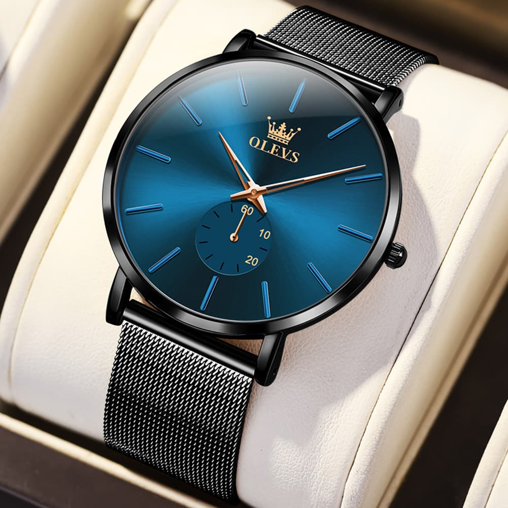 OLEVS 9954 Ultra Thin Milanese Mesh Quartz Watch for Men - Black Mesh Blue Dial Watch | Olevs Watch Store