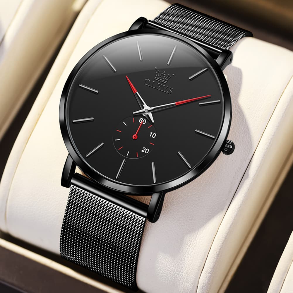 OLEVS 9954 Ultra Thin Milanese Mesh Quartz Watch for Men - All Black Mesh Red Hands Watch | Olevs Watch Store