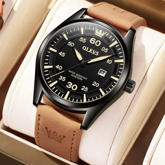OLEVS 9962 Pilot Sports Date Display Leather Watch for Men - Black Case Black Leather Watch | Olevs Watch Store