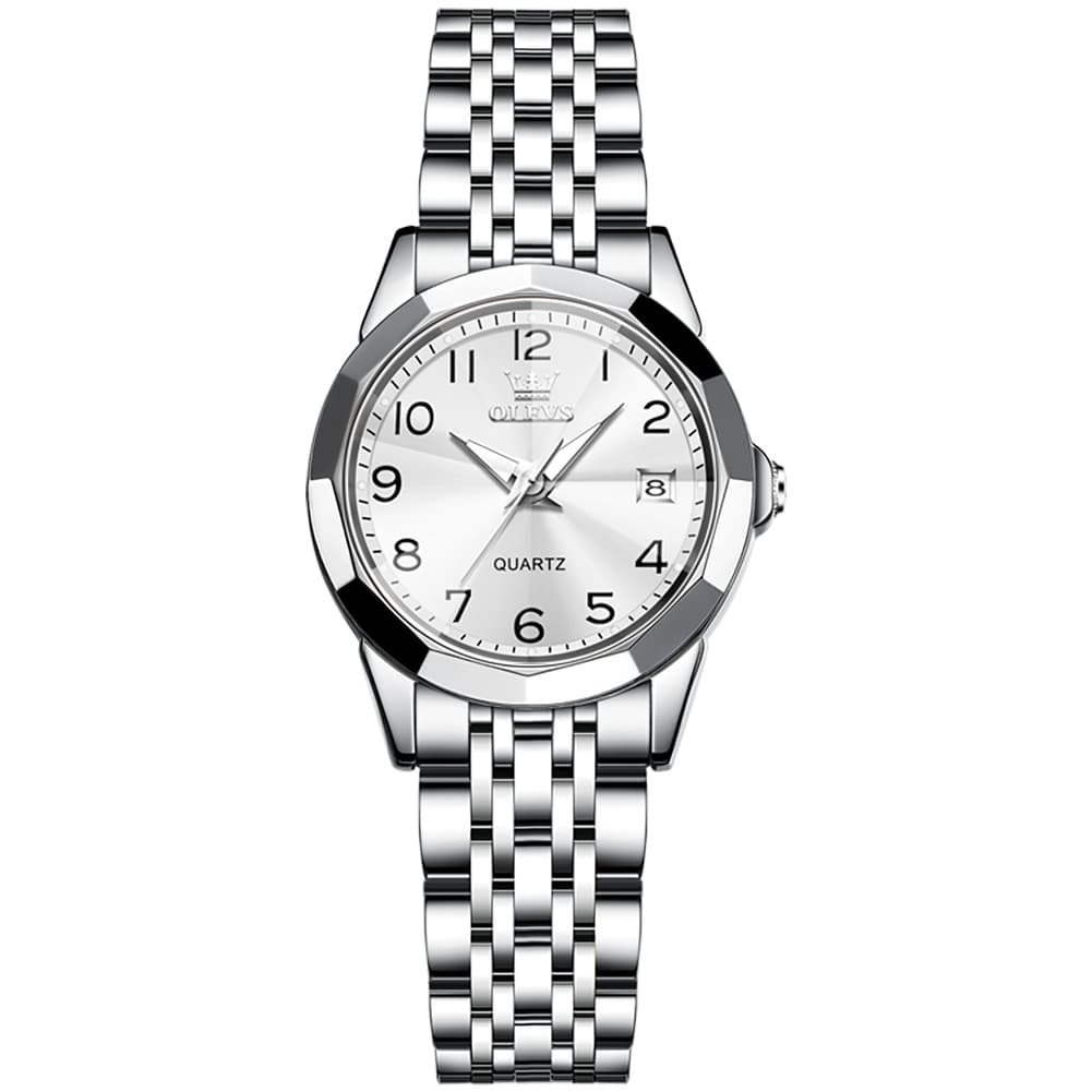 OLEVS 9970 3D Rhombic Faceted Glass Date Watch for Women - Silver Blue Dial Watch | Olevs Watch Store