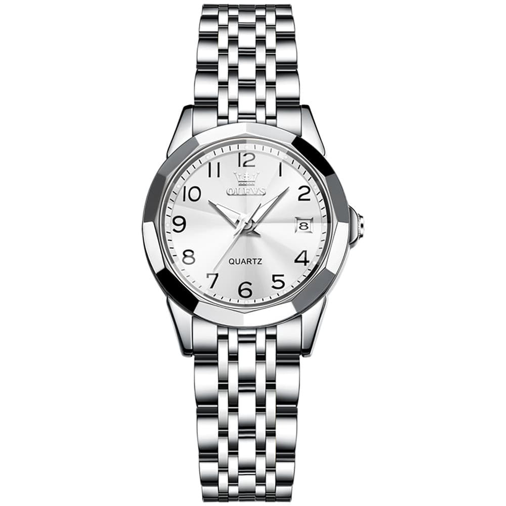 OLEVS 9970 3D Rhombic Faceted Glass Date Watch for Women - Silver Blue Dial Watch | Olevs Watch Store