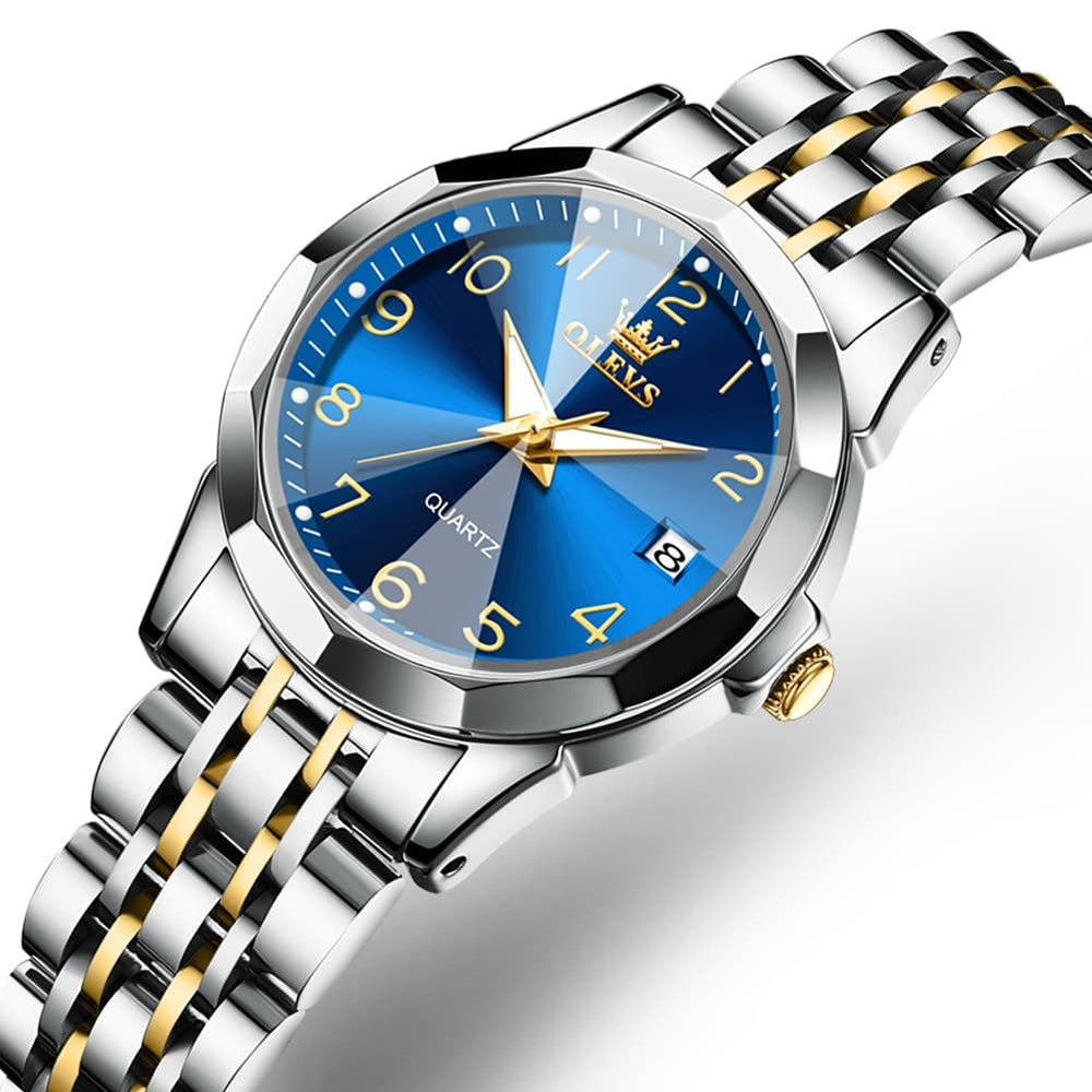 OLEVS 9970 3D Rhombic Faceted Glass Date Watch for Women - Silver Blue Dial Watch | Olevs Watch Store