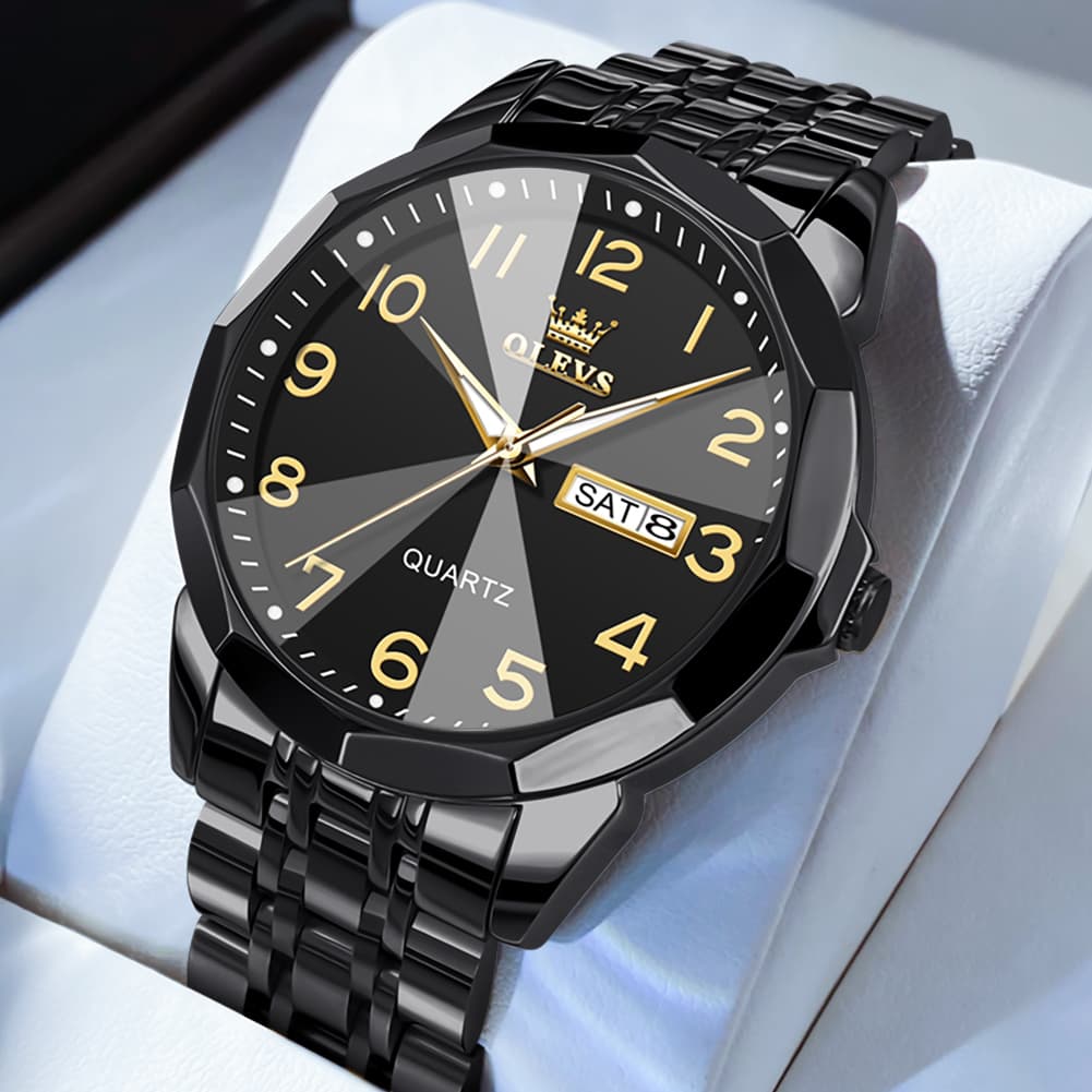 OLEVS 9970 3D Rhombic Faceted Glass Day Date Watch for Men - All Black Watch | Olevs Watch Store