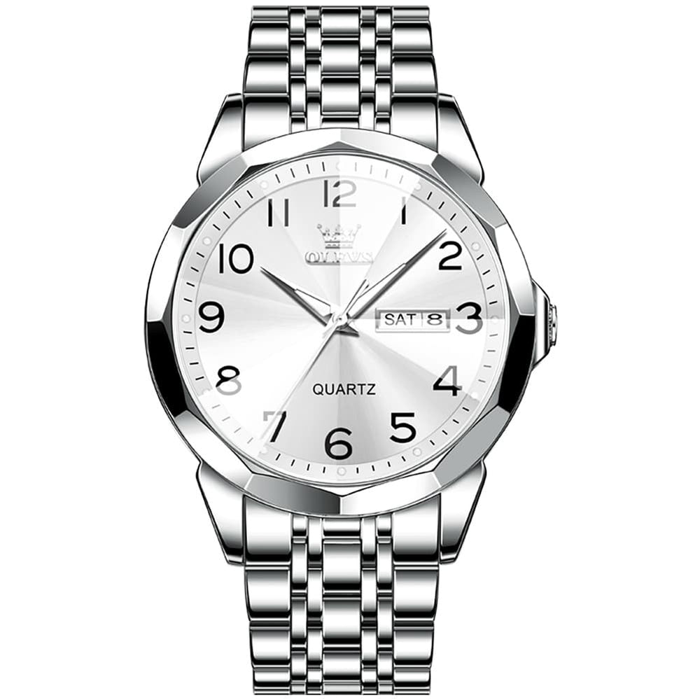 OLEVS 9970 3D Rhombic Faceted Glass Day Date Watch for Men - Silver Blue Dial Watch | Olevs Watch Store
