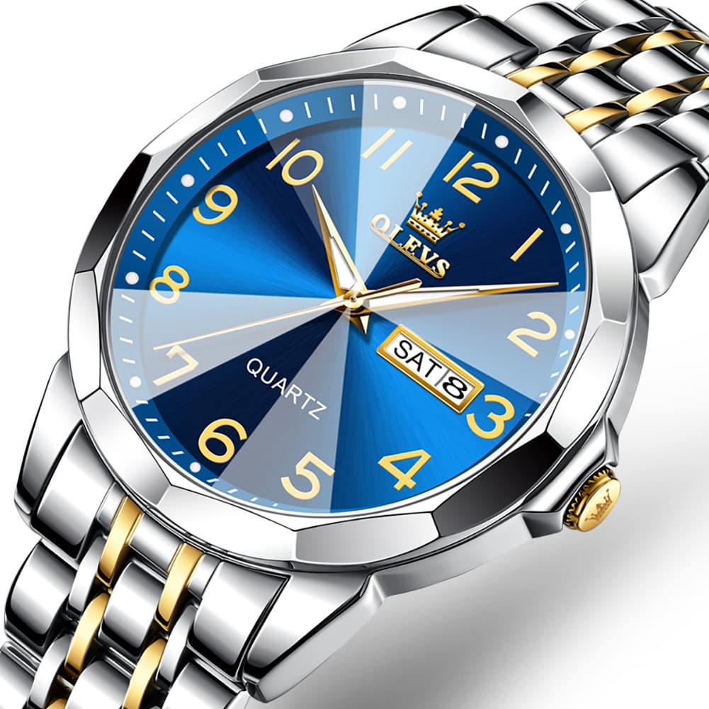 OLEVS 9970 3D Rhombic Faceted Glass Day Date Watch for Men - Silver Blue Dial Watch | Olevs Watch Store