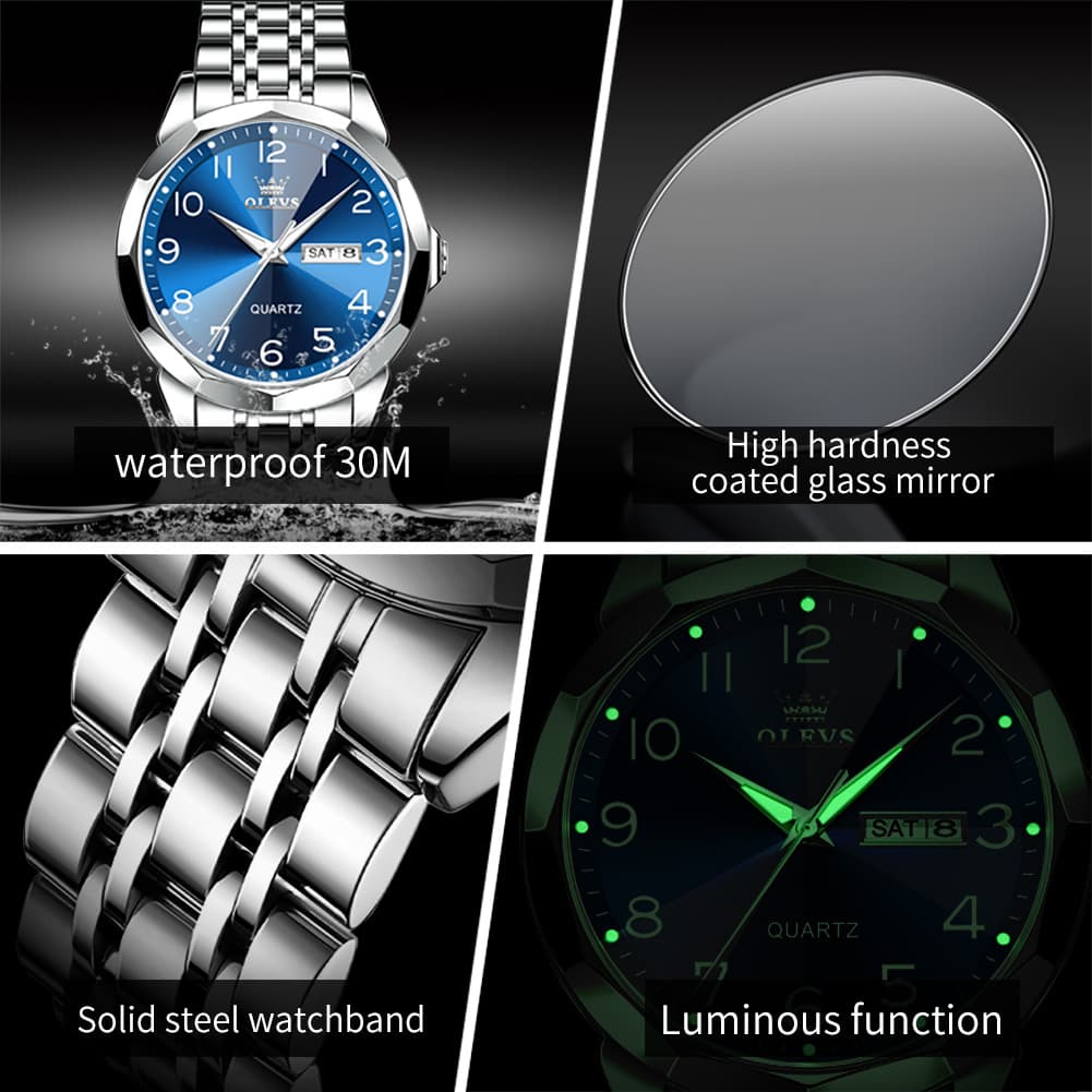 OLEVS 9970 3D Rhombic Faceted Glass Day Date Watch for Men - Silver Blue Dial Watch | Olevs Watch Store