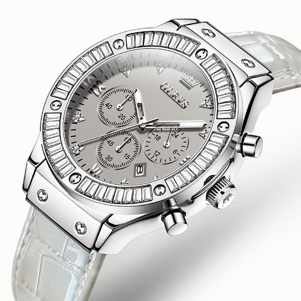 OLEVS 9978 Diamond Bezel Chronograph Leather Watch for Women - Silver Grey Watch | Olevs Watch Store