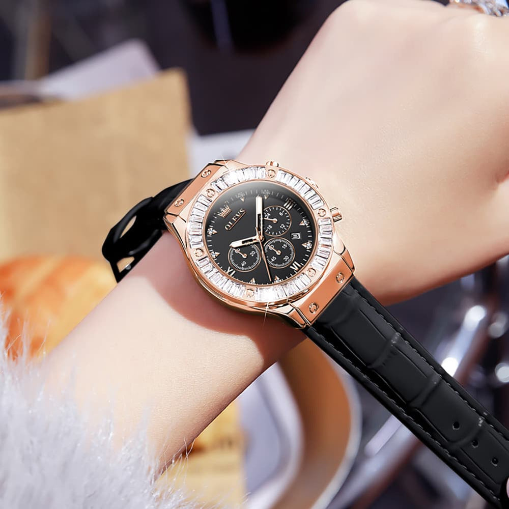 OLEVS 9978 Diamond Bezel Chronograph Leather Watch for Women - Silver Grey Watch | Olevs Watch Store