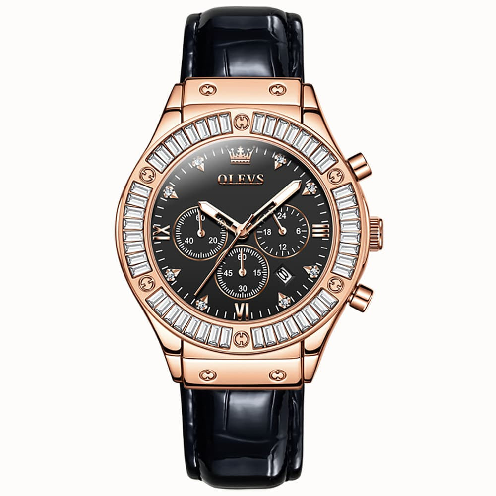 OLEVS 9978 Diamond Bezel Chronograph Leather Watch for Women - Silver Grey Watch | Olevs Watch Store