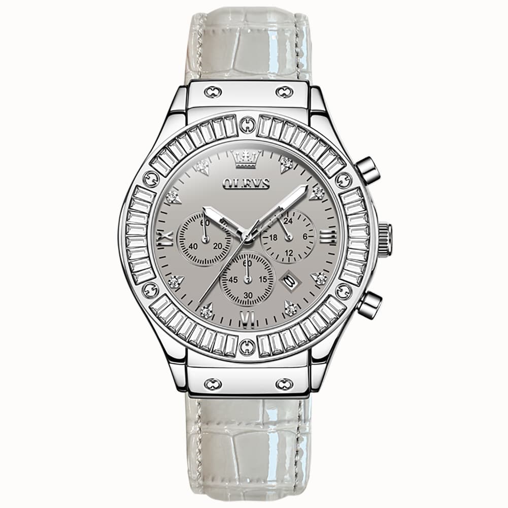 OLEVS 9978 Diamond Bezel Chronograph Leather Watch for Women - Silver Grey Watch | Olevs Watch Store