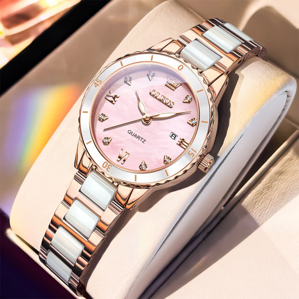 OLEVS 9985 Two Tone Ceramic Bracelet Quartz Watch for Women - Rose Gold Pink Watch | Olevs Watch Store