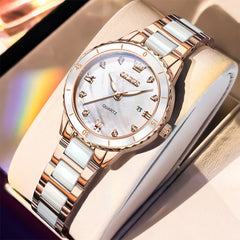 OLEVS 9985 Two Tone Ceramic Bracelet Quartz Watch for Women - Rose Gold White Watch | Olevs Watch Store