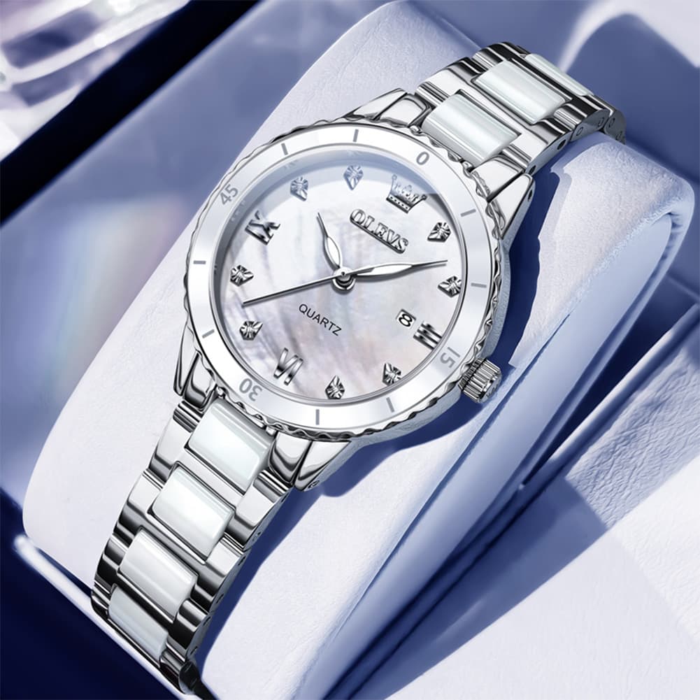 OLEVS 9985 Two Tone Ceramic Bracelet Quartz Watch for Women - Silver White Watch | Olevs Watch Store
