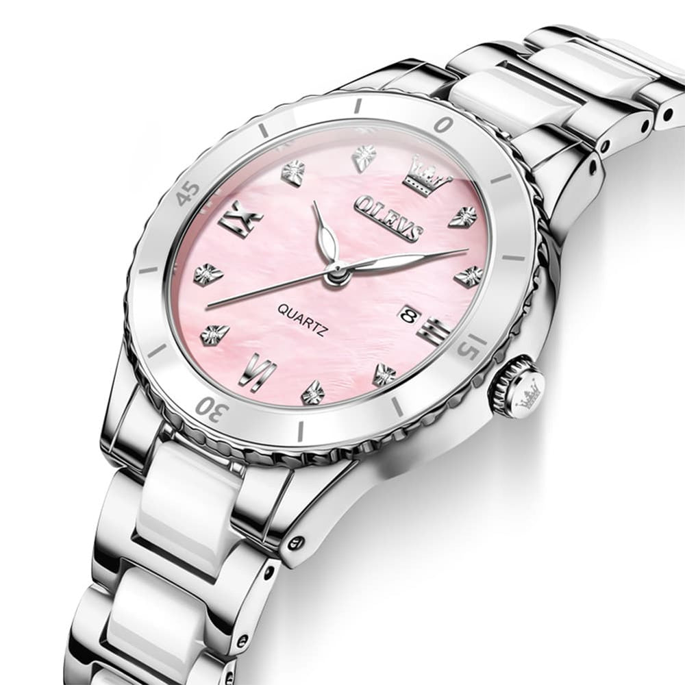OLEVS 9985 Two Tone Ceramic Bracelet Quartz Watch for Women - Silver White Watch | Olevs Watch Store