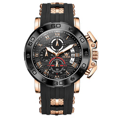 OLEVS 9986 Oversized Chronograph Silicone Strap Watch for Men - Rose Gold Black Watch | Olevs Watch Store
