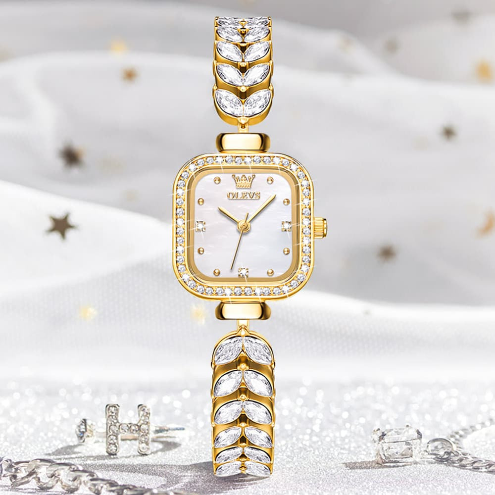 OLEVS 9987 Mermaid Crystal Bracelet Square Watch for Women - Yellow Gold Watch | Olevs Watch Store