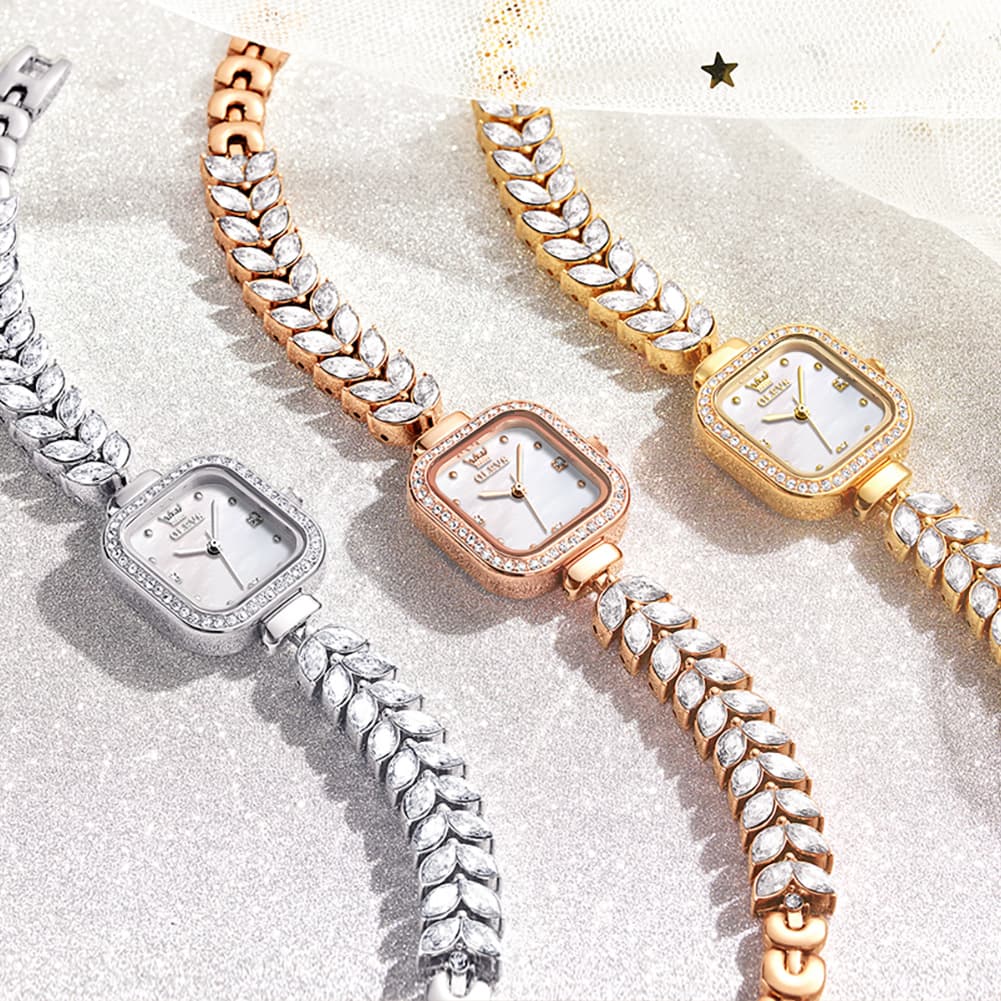 OLEVS 9987 Mermaid Crystal Bracelet Square Watch for Women - Yellow Gold Watch | Olevs Watch Store