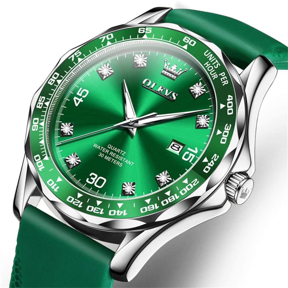 OLEVS 9988 Luxury Green Dial Quartz Dress Watch for Men - Silver Black Silicone Watch | Olevs Watch Store