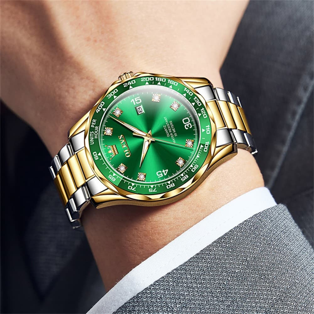 OLEVS 9988 Luxury Green Dial Quartz Dress Watch for Men - Silver Black Silicone Watch | Olevs Watch Store