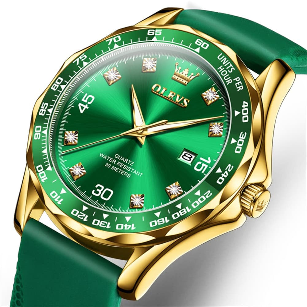 OLEVS 9988 Luxury Green Dial Quartz Dress Watch for Men - Silver Black Silicone Watch | Olevs Watch Store