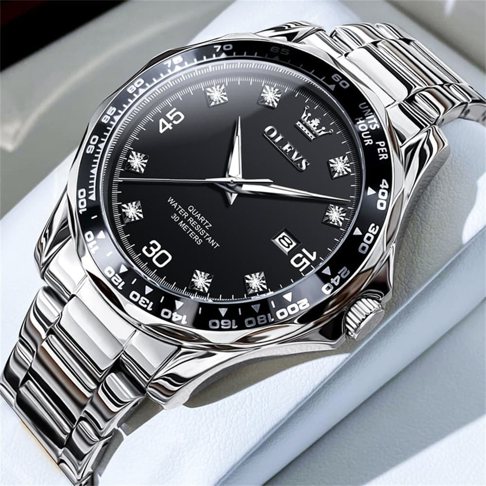 OLEVS 9988 Luxury Green Dial Quartz Dress Watch for Men - Silver Black Steel Watch | Olevs Watch Store
