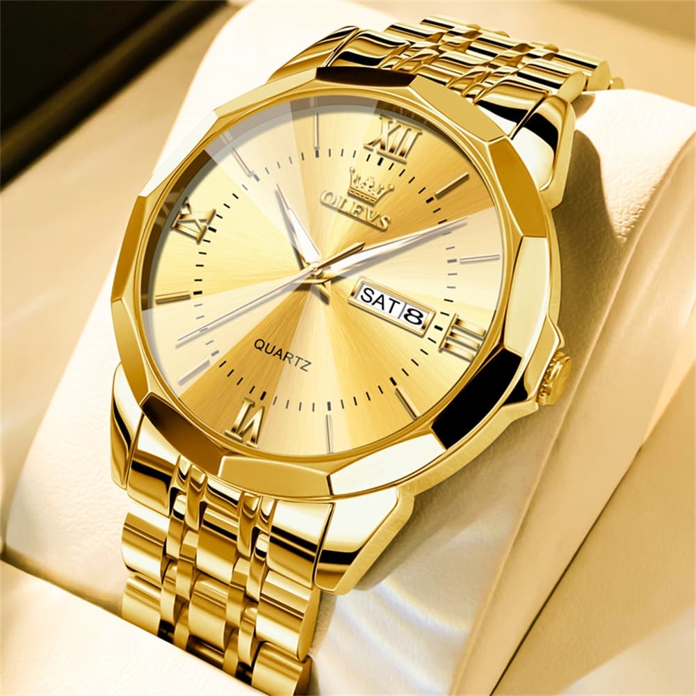 OLEVS 9989 Diamond Cut Glass Couple Dress Watch for Men and Women - Men All Gold Watch | Olevs Watch Store