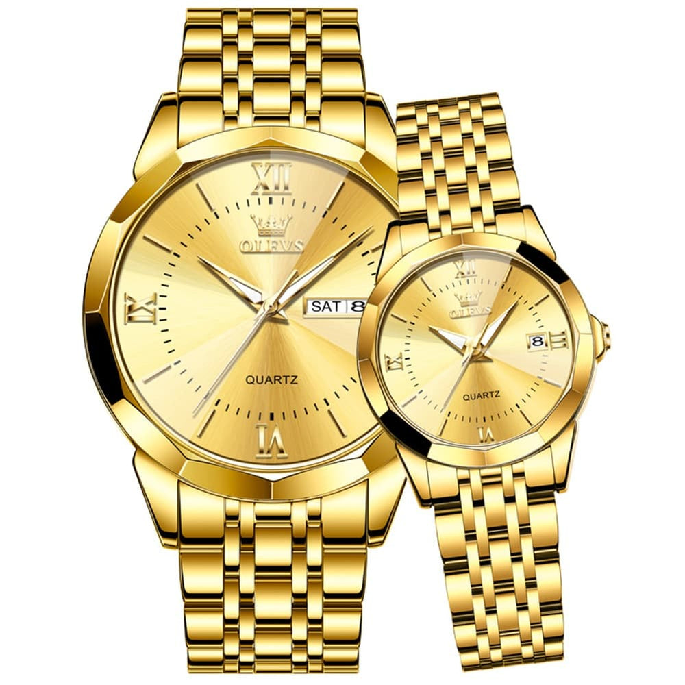 OLEVS 9989 Diamond Cut Glass Couple Dress Watch for Men and Women - Women All Gold Watch | Olevs Watch Store