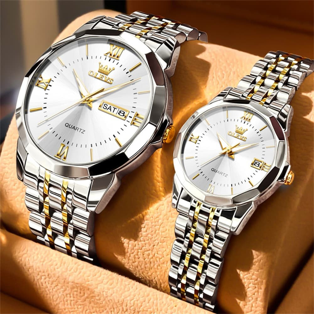 OLEVS 9989 Diamond Cut Glass Couple Dress Watch for Men and Women - Women All Gold Watch | Olevs Watch Store
