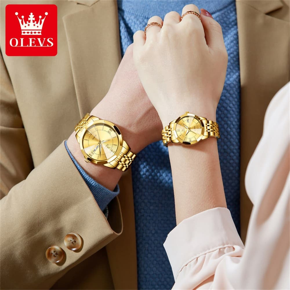 OLEVS 9989 Diamond Cut Glass Couple Dress Watch for Men and Women - Women All Gold Watch | Olevs Watch Store