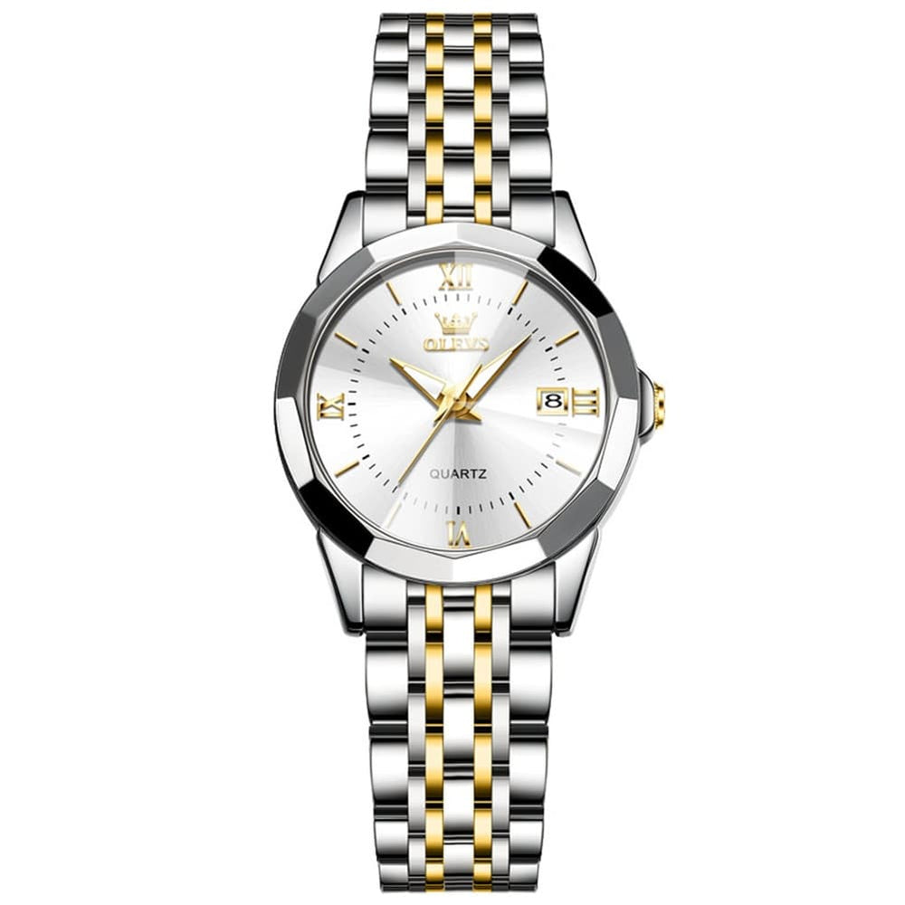 OLEVS 9989 Diamond Cut Glass Couple Dress Watch for Men and Women - Women All Gold Watch | Olevs Watch Store