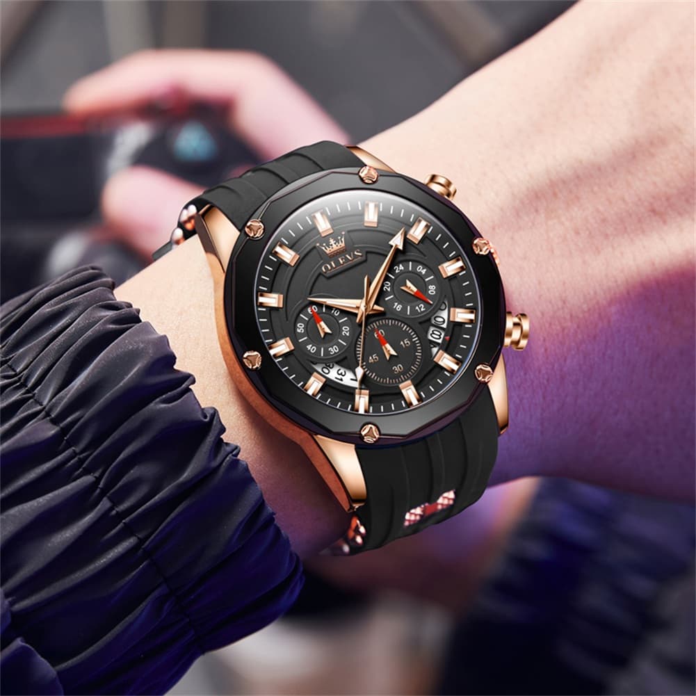 OLEVS 9991 Bold Chronograph Racing Silicone Watch for Men - All Black Watch | Olevs Watch Store