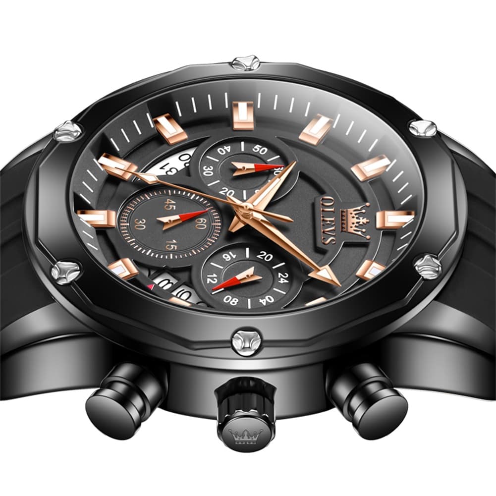 OLEVS 9991 Bold Chronograph Racing Silicone Watch for Men - All Black Watch | Olevs Watch Store