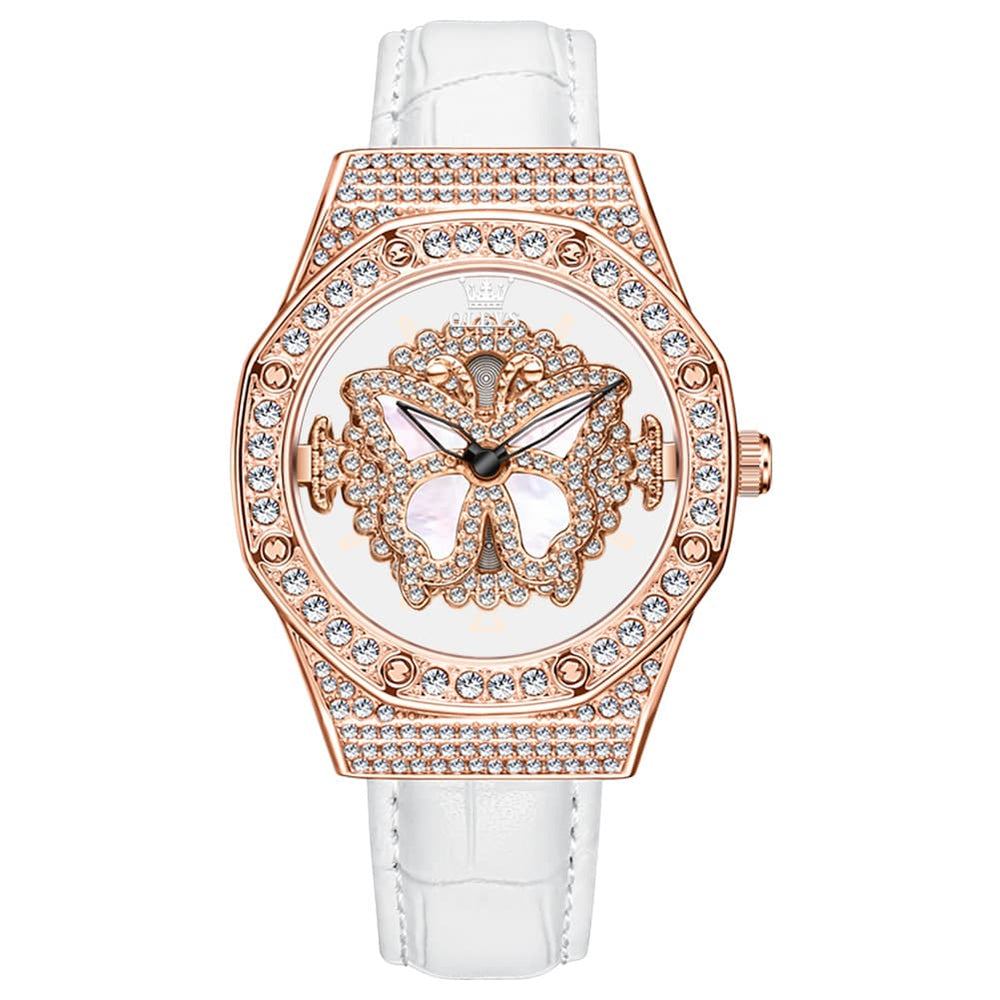 OLEVS 9996 Rotatable Diamond Bezel Leather Watch for Women - Rose Gold Butterfly Watch | Olevs Watch Store