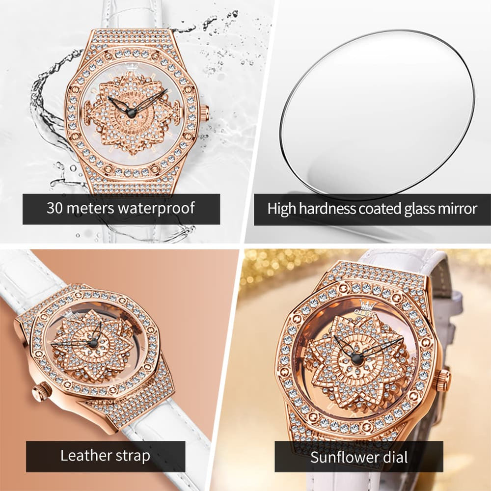 OLEVS 9996 Rotatable Diamond Bezel Leather Watch for Women - Rose Gold Butterfly Watch | Olevs Watch Store