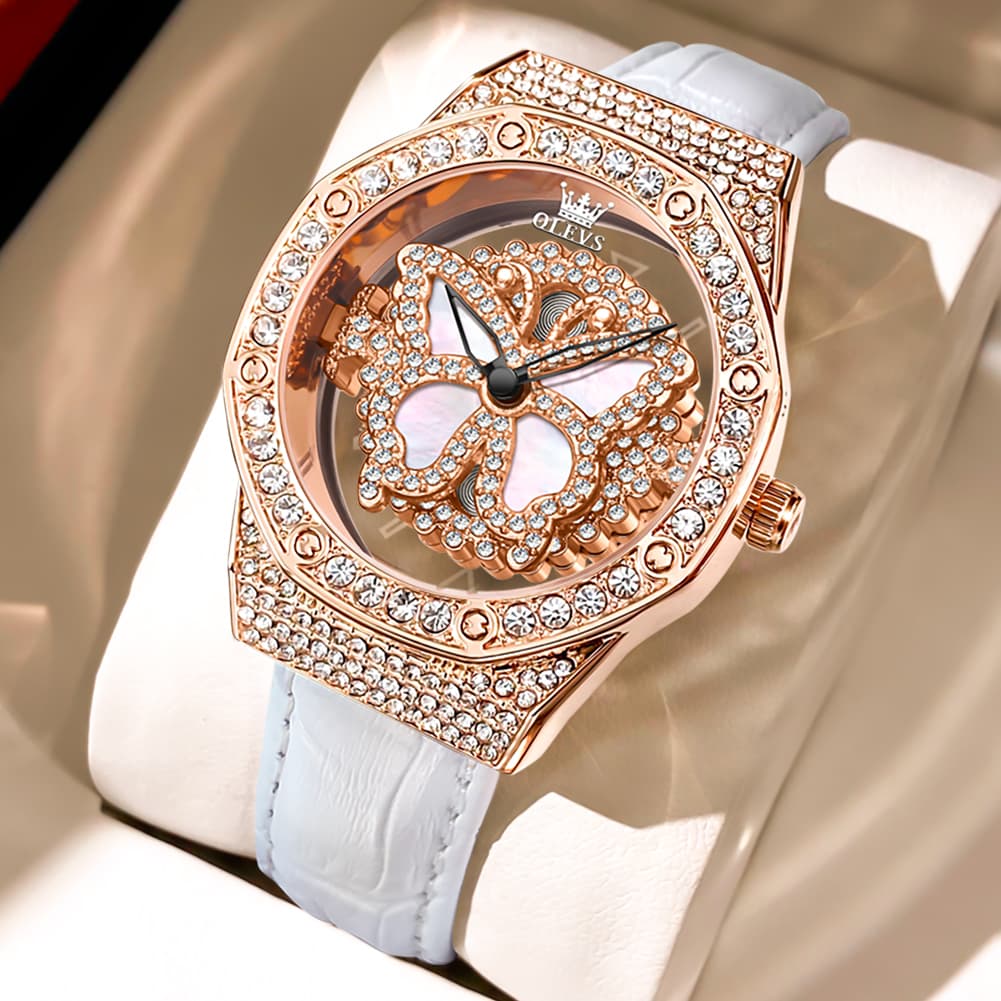 OLEVS 9996 Rotatable Diamond Bezel Leather Watch for Women - Rose Gold Butterfly Watch | Olevs Watch Store