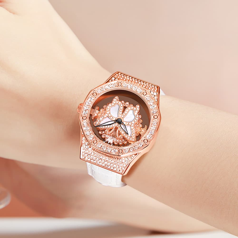 OLEVS 9996 Rotatable Diamond Bezel Leather Watch for Women - Rose Gold Butterfly Watch | Olevs Watch Store