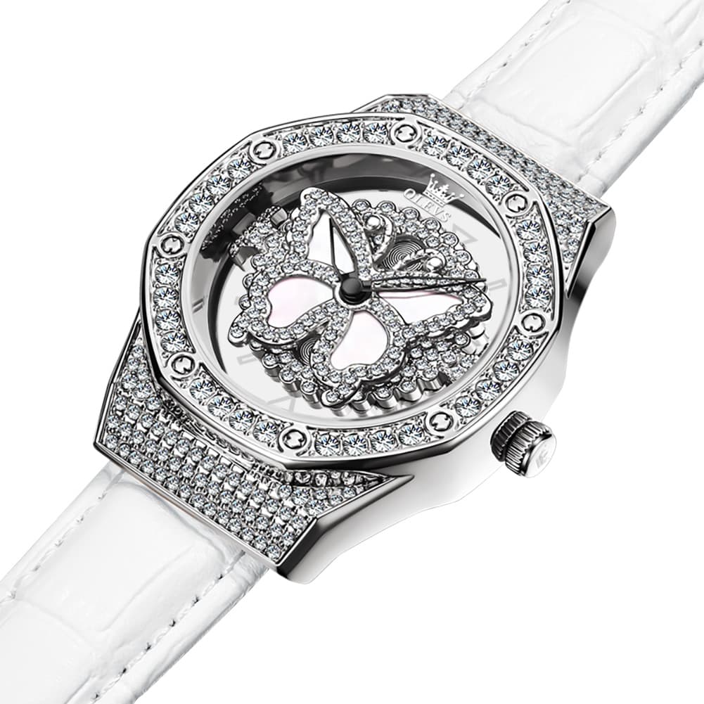 OLEVS 9996 Rotatable Diamond Bezel Leather Watch for Women - Rose Gold Butterfly Watch | Olevs Watch Store