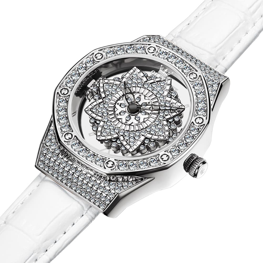 OLEVS 9996 Rotatable Diamond Bezel Leather Watch for Women - Rose Gold Butterfly Watch | Olevs Watch Store
