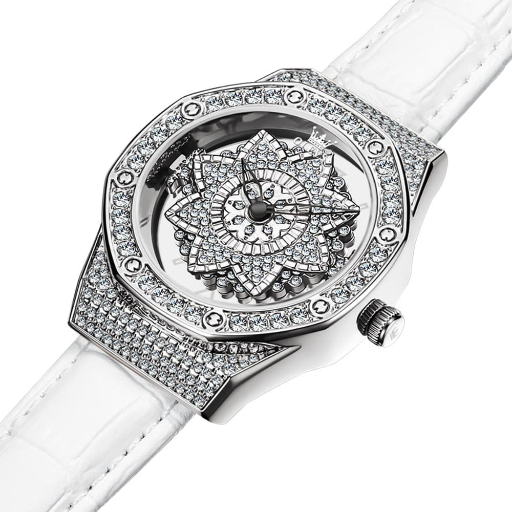 OLEVS 9996 Rotatable Diamond Bezel Leather Watch for Women - Rose Gold Butterfly Watch | Olevs Watch Store