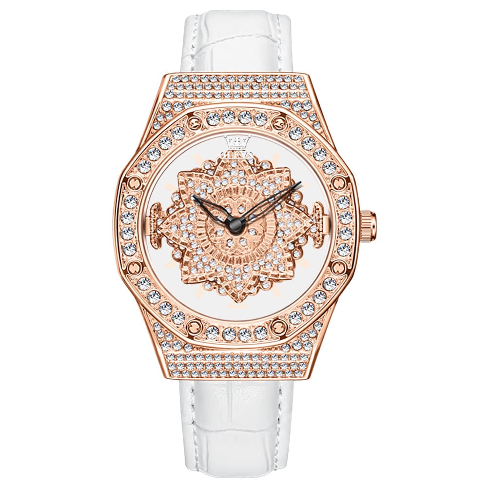 OLEVS 9996 Rotatable Diamond Bezel Leather Watch for Women - Rose Gold Butterfly Watch | Olevs Watch Store
