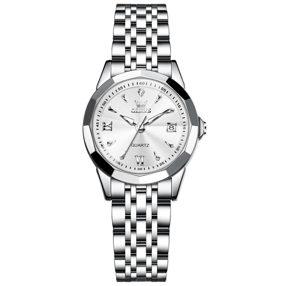 OLEVS 9998 Diamond Cut Glass Couple Dress Watch for Men and Women - Women Silver White Watch | Olevs Watch Store