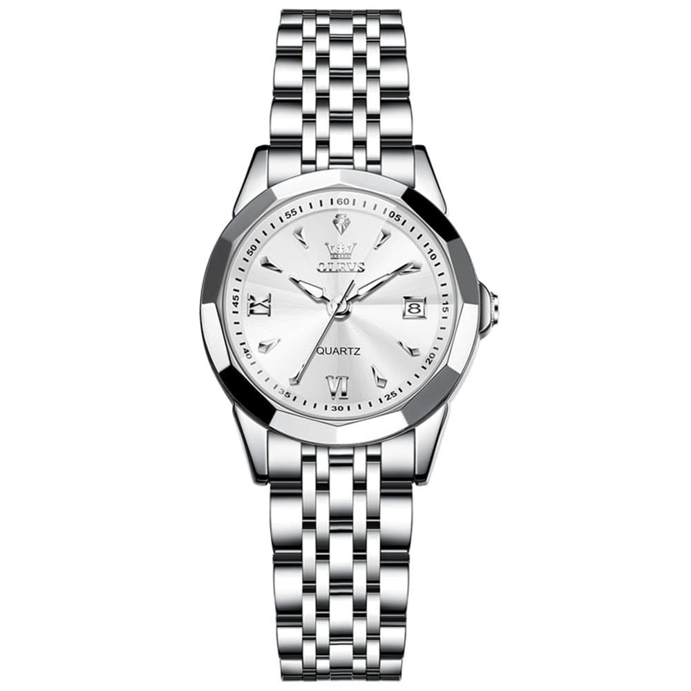 OLEVS 9998 Diamond Cut Glass Couple Dress Watch for Men and Women - Women Silver White Watch | Olevs Watch Store